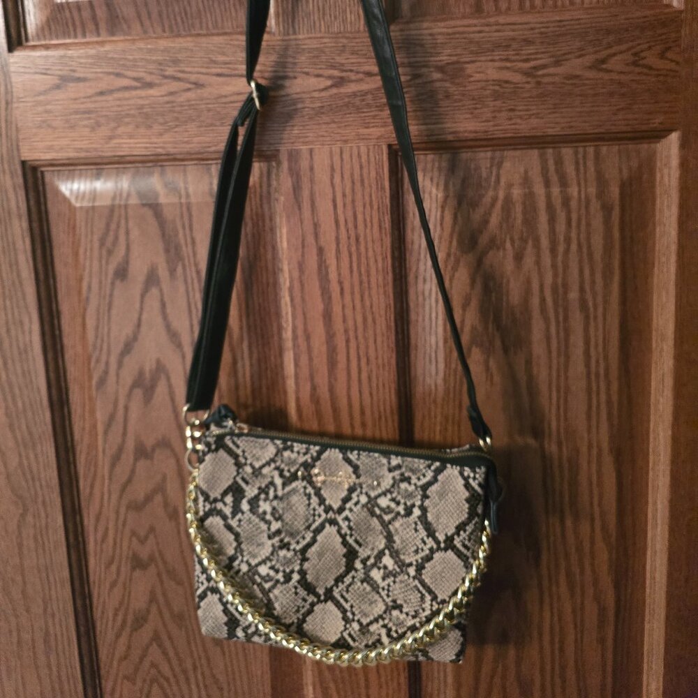 Jessica Simpson Snake Print Crossbody Bag Brown Gold Chain Strap EUC Y2K
